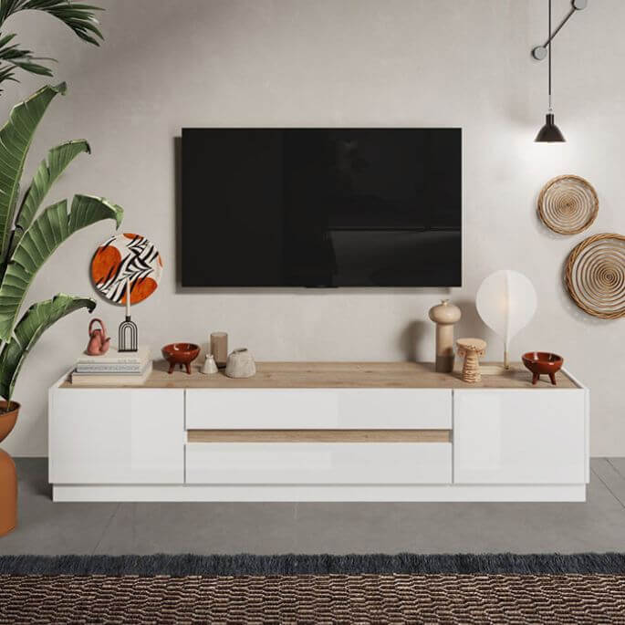 Meuble TV 205 cm blanc laqué/chêne cadiz Fantastic